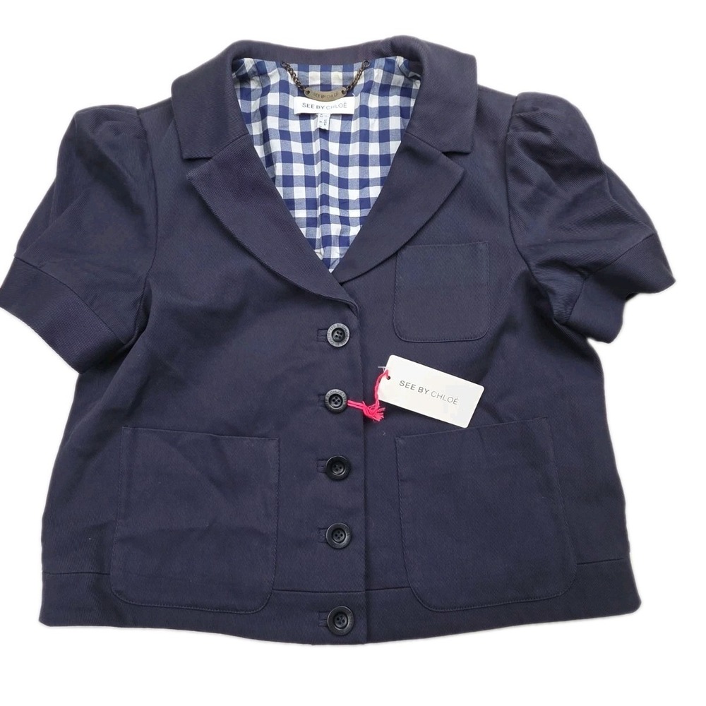 See by Chloe NWT Italy Navy Puff Sleeve Sailor Jacket Blazer Gingham Lined US 6